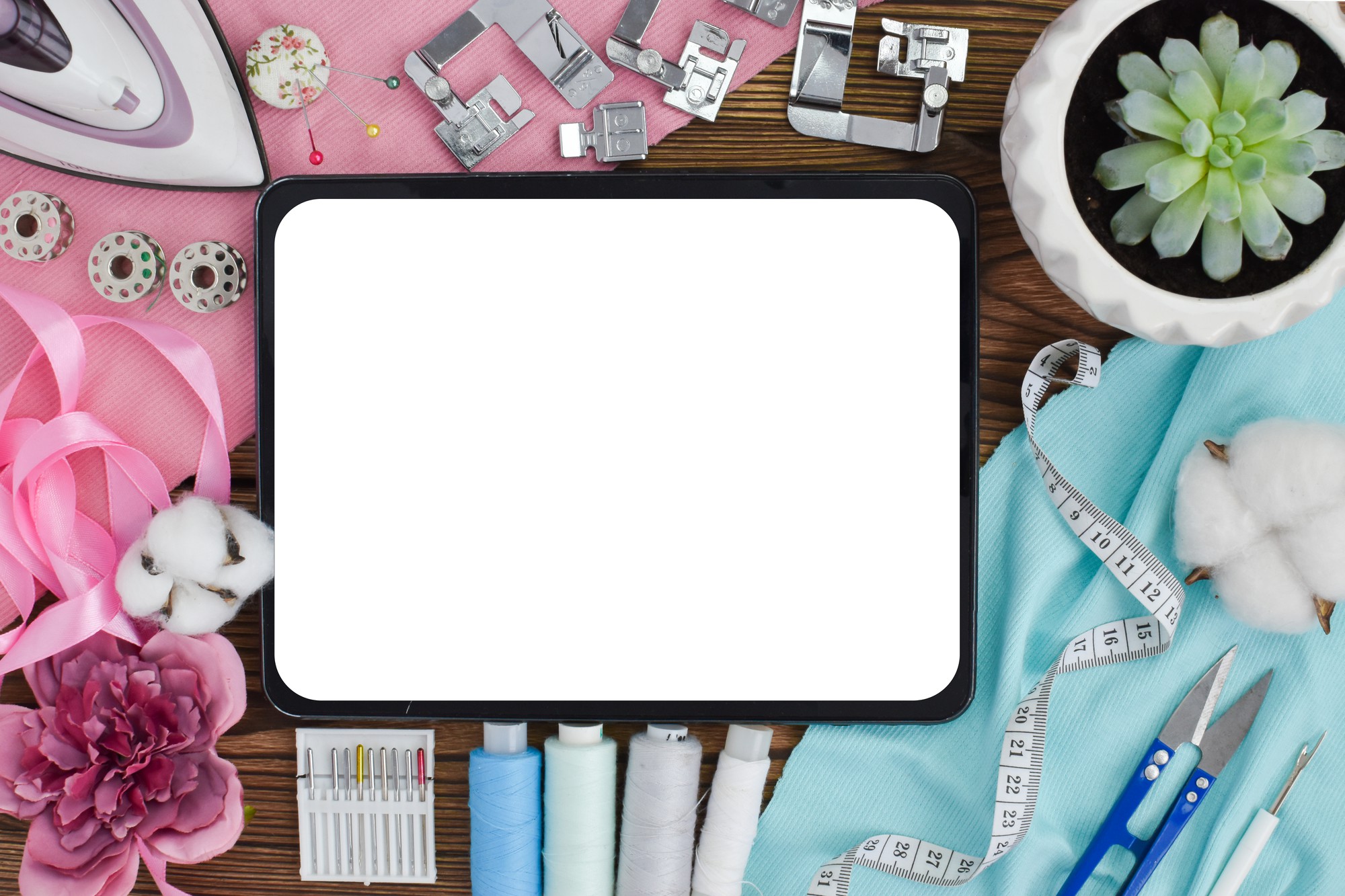 Compact pricing visual with embroidery tools and tablet